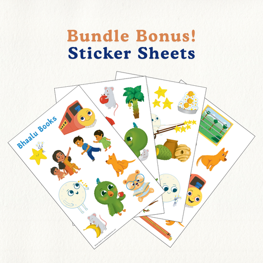 Sticker sheets with colorful illustrations of chitti chilakamma, chandamaama raave and chuk chuk railu