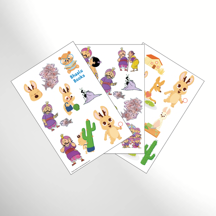 Telugu story book sticker sheets with Endani Edo Chepa Katha and Jinkundeluku Jemudante Ishtam! characters