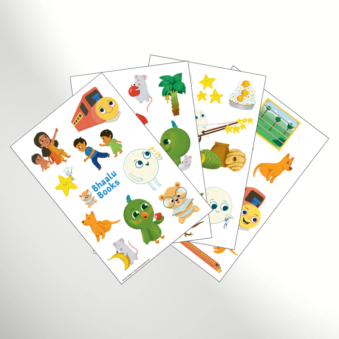 Telugu nursery rhyme sticker sheets with Chitti Chilakammaa, Chandamaama Raave and Chuk Chuk Railu characters