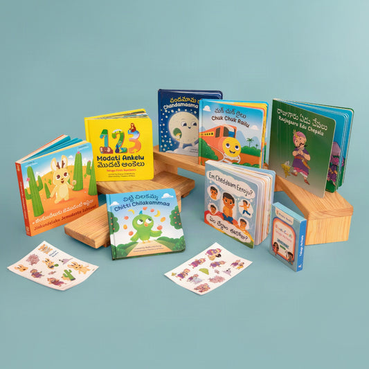 A set of colorful children's Telugu picture books and matching sticker sheets. This is the Everything bundle by Bhaalu Books. The books feature bright illustrated covers with animals, numbers, and characters, and the stickers show matching educational illustrations.